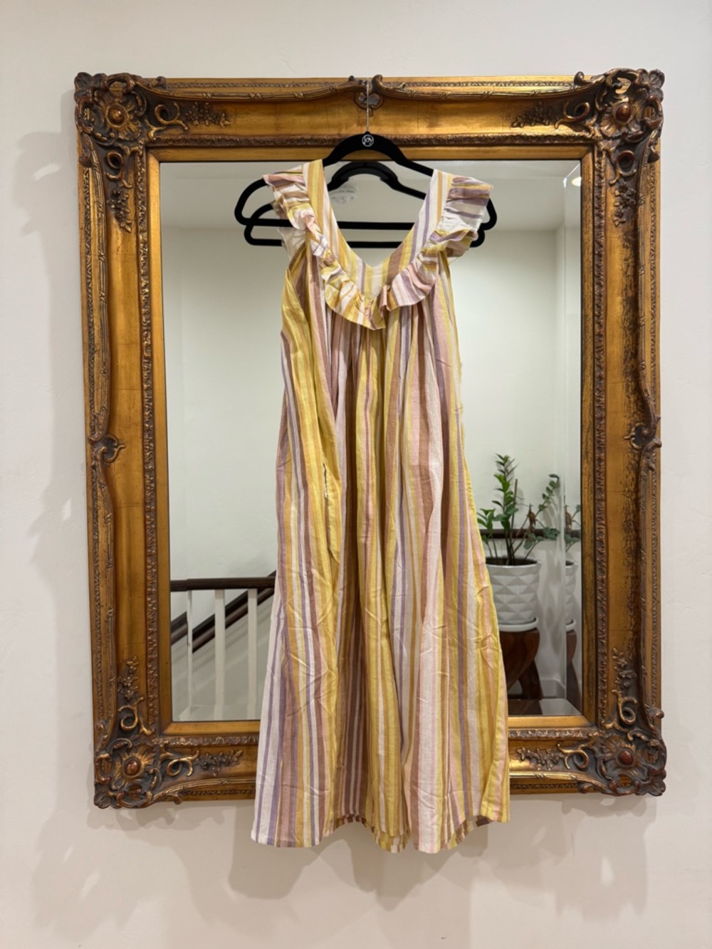 Matta Striped Ruffle Dress in Yellow, Tan & Pink